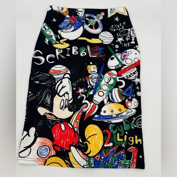 Dresses & Skirts - Disney Mickey Scribble Space Print Midi Pencil Skirt | Graphic Cartoon Pop Art